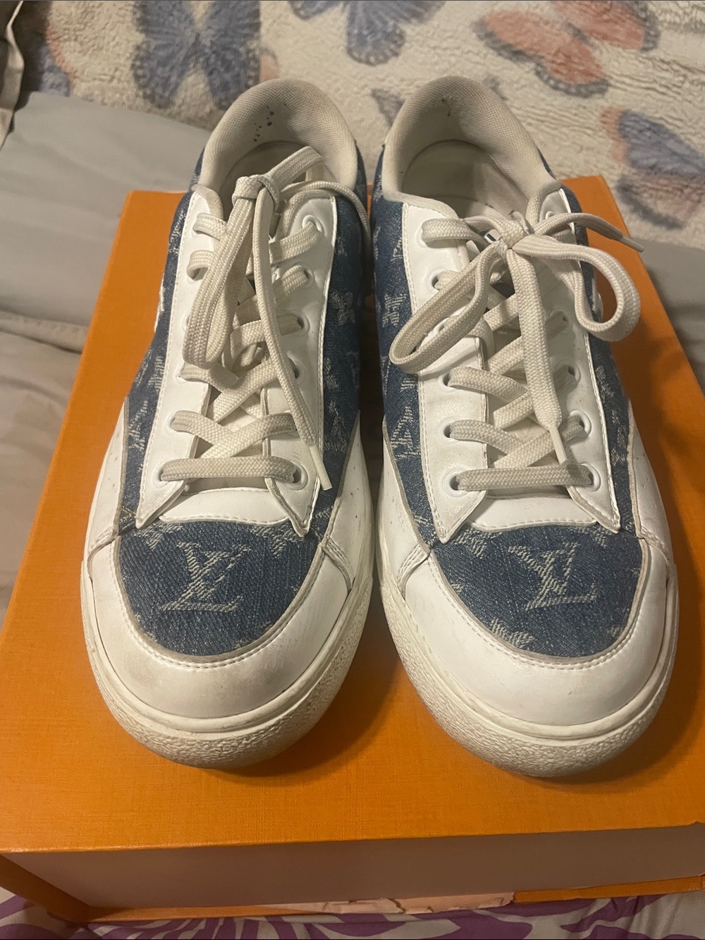 Louis Vuitton Denim Monogram Low-Top Sneakers in Blue and White denim 41